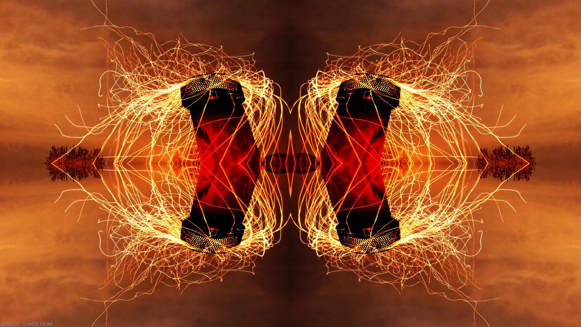 Quadroscopic composite trails: Zoomed 5D clouds moon chimney sparks and stars